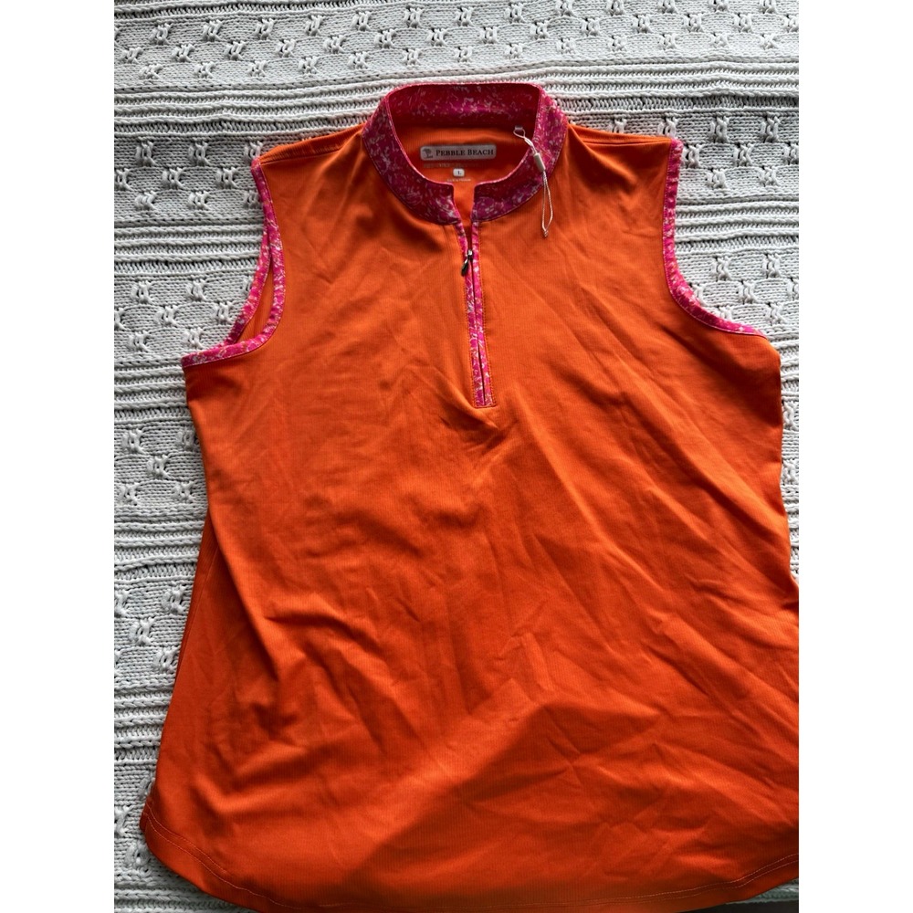 Pebble Beach Dri-Luxe Women's Orange/Pink Sleeveless 1/4 Zip Mock Polo L
